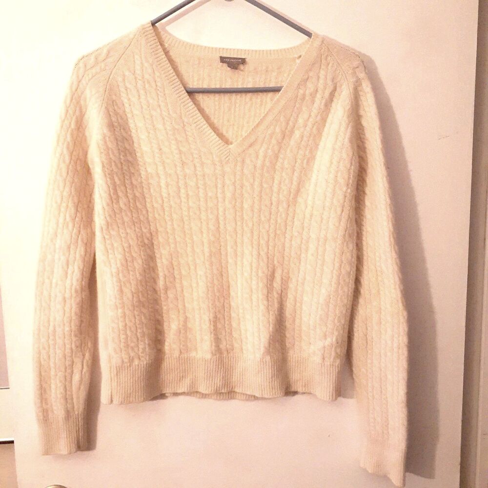 Ann Taylor Cashmere Sweater Women's M L Beige Off White Ivory Luxury Cable knit